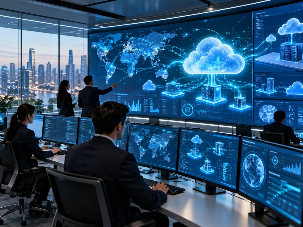 Centro di controllo con visualizzazioni di architetture cloud