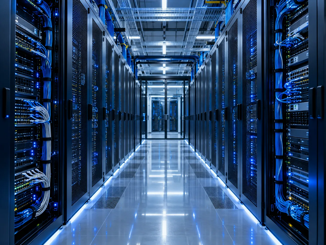 Corridoio di un moderno data center con rack server e illuminazione blu