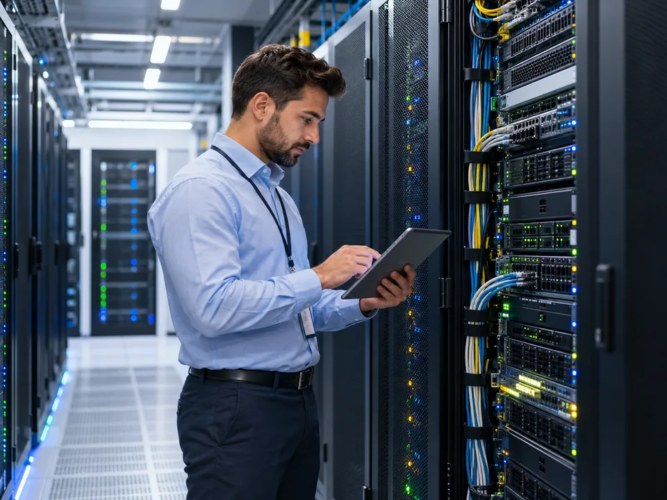 Tecnico IT che verifica un'infrastruttura server