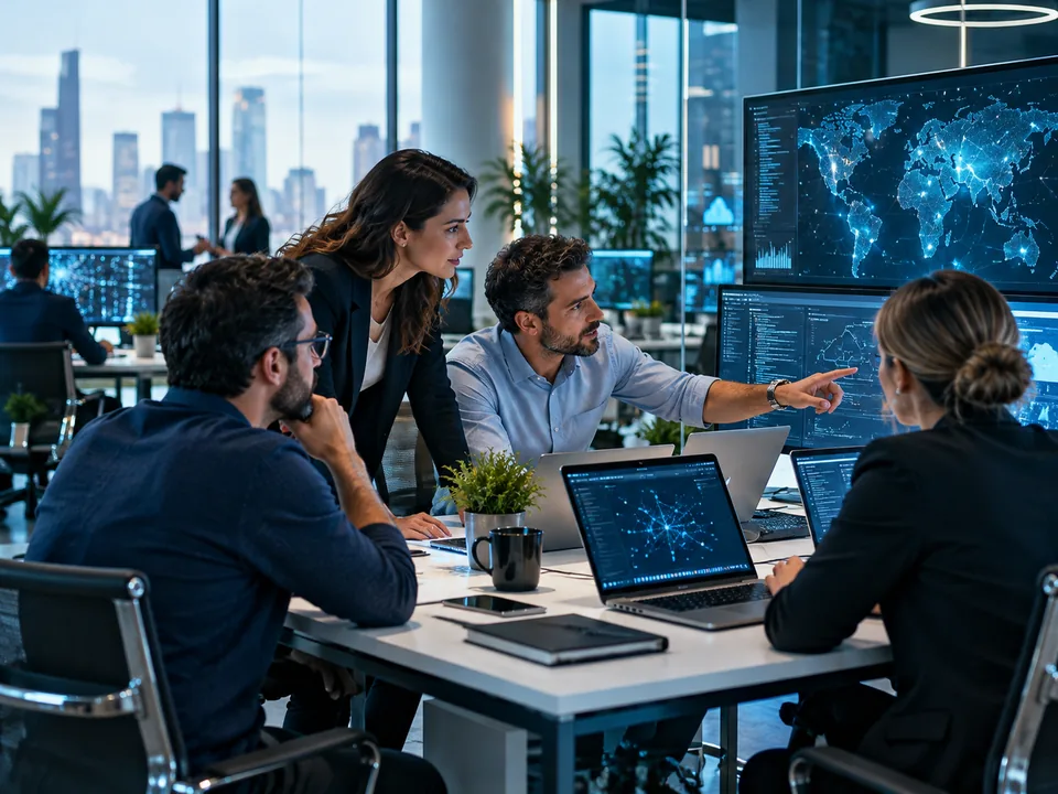 Professionisti IT riuniti per esaminare soluzioni tecnologiche